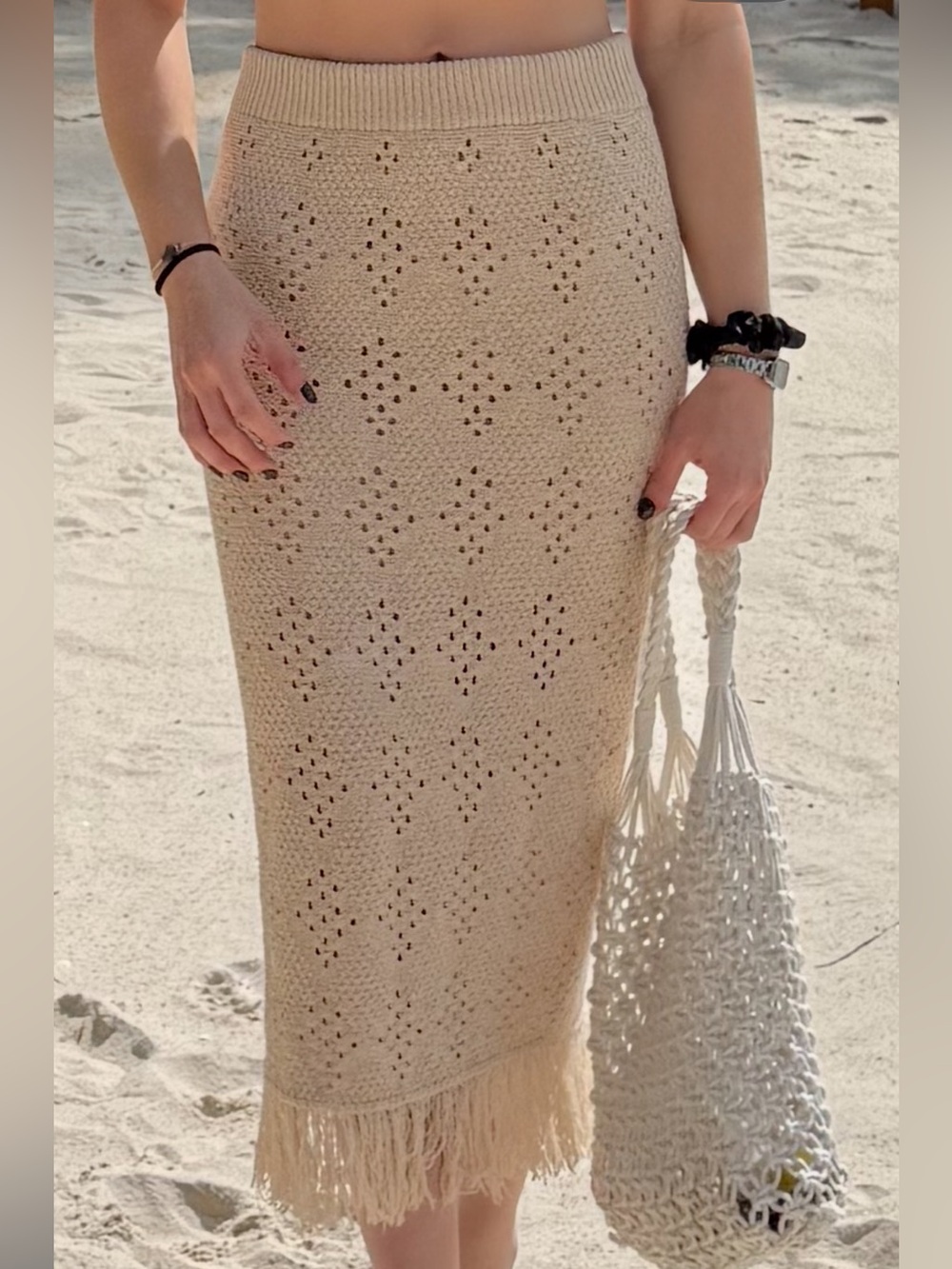 Mango Blush Pink Eyelet Fringe Knit Midi Skirt